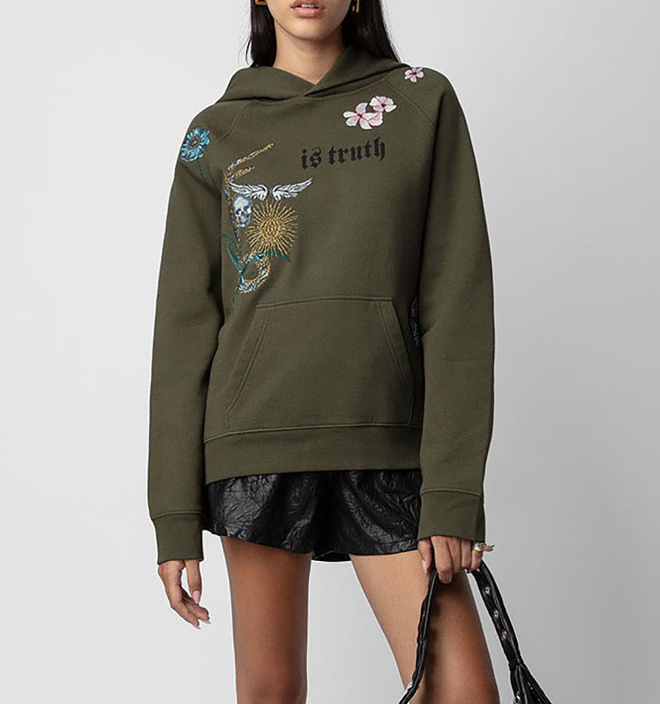 Army Green Hoodie Women's Long Sleeve Letter Print Wers Skull Wings Embroidery Pocket Fleece Pullover Sweatshirt