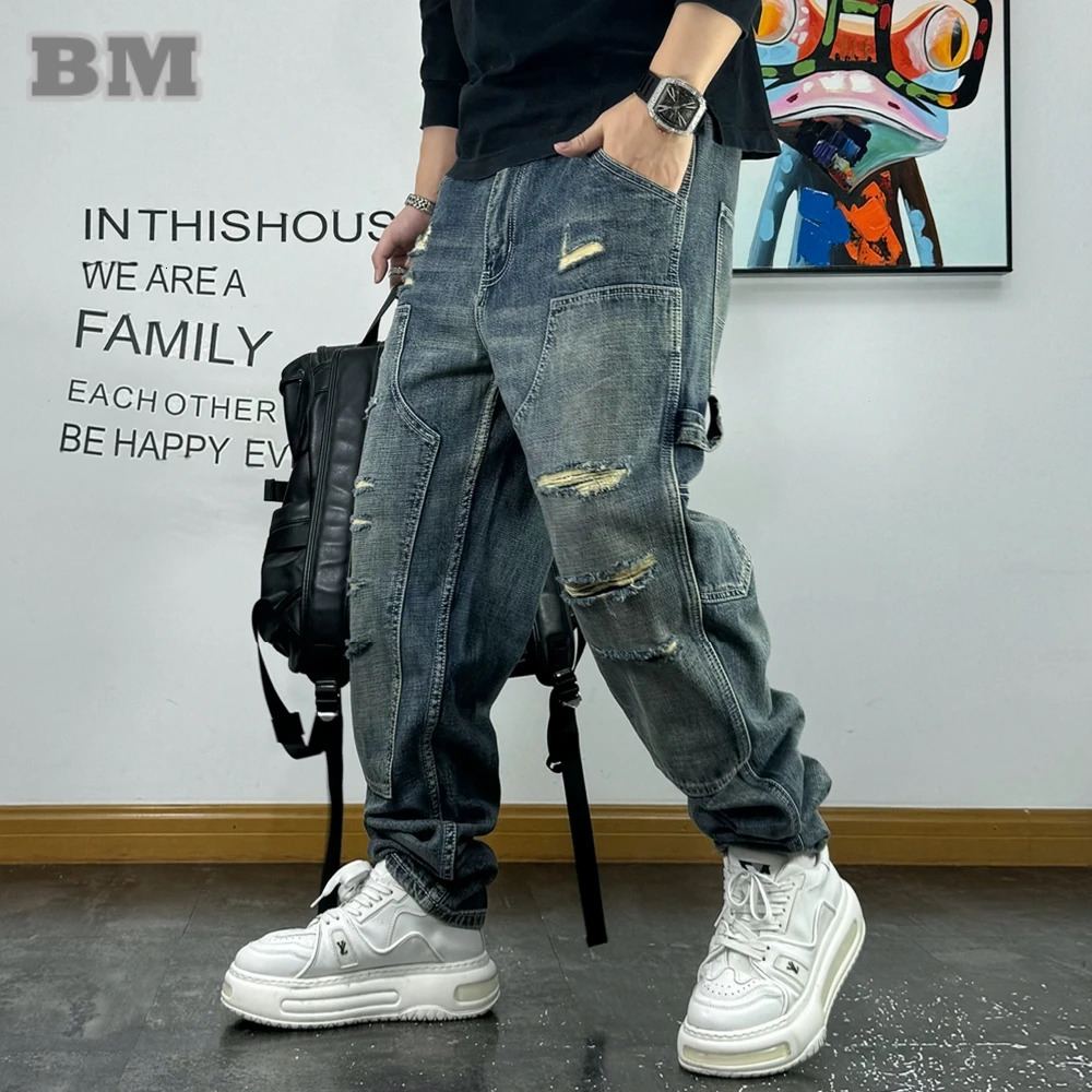 High Quality Ripped Patch Baggy Jeans Korean Fashion Loose MenS Clothing Streetwear Denim Cargo Men Pants Harajuku Trousers 241218