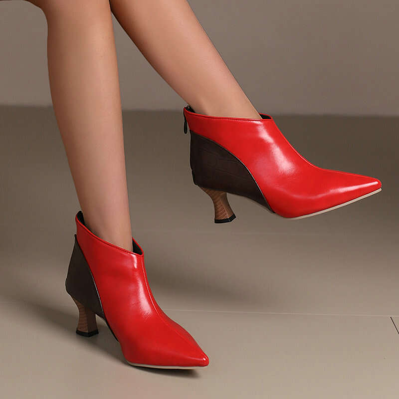 Spring And Autumn French Pointed Wood Grain Fine Ankle Boots Temperament Color Blocked Back Zipper Women's High Heels Single Shoes