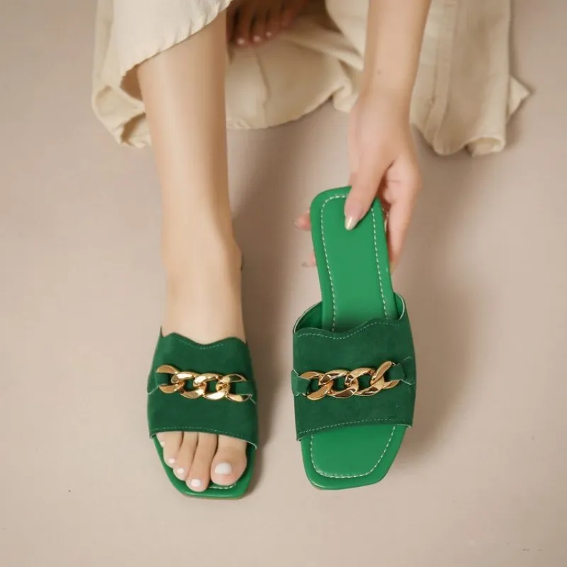 Fad Summer New Chain Women's Slippers Female Slides Beach Shoes Woman Open Toe Flats Sandals Women