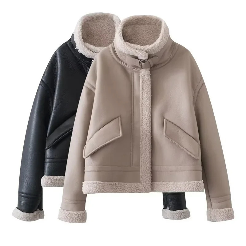 Women Fashion Thick Warm Faux Leather Shearling Jacket Coat Vintage Long Sleeve Flap Pocket Female Outerwear Chic Tops 241216