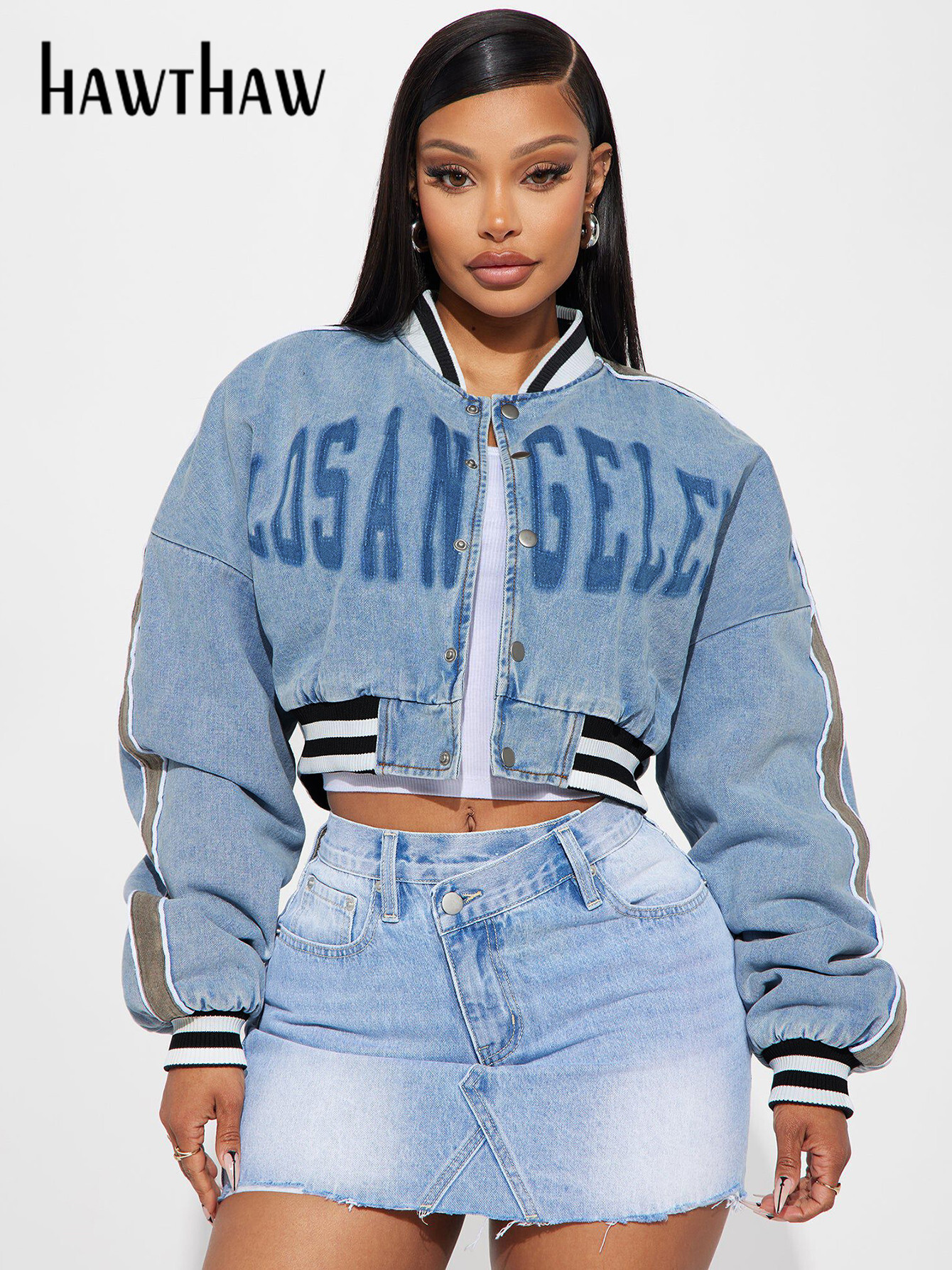 Hawthaw Women 2024 Autumn Winter Long Sleeve Streetwear Letter Print Denim Hoodie Coat Jacket Tops Wholesale Items For Business