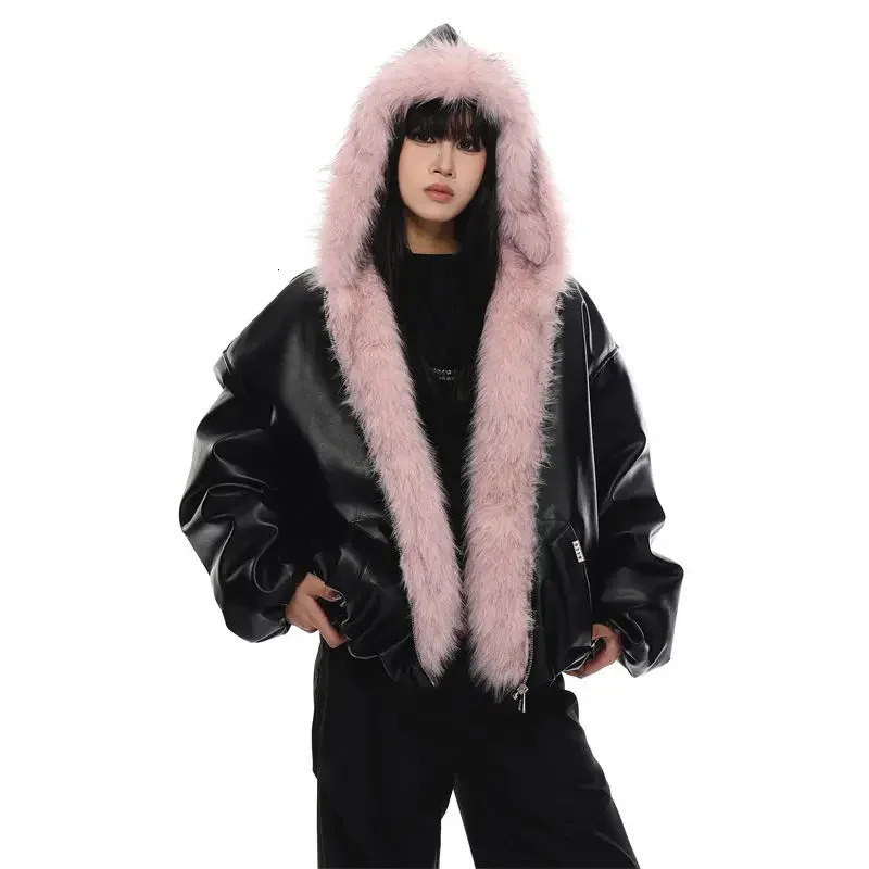 Y2K Trendy American High Street PU Fur Collar Hooded Leather Jacket Retro Goth Hiphop Zipper Unisex Loose 241216