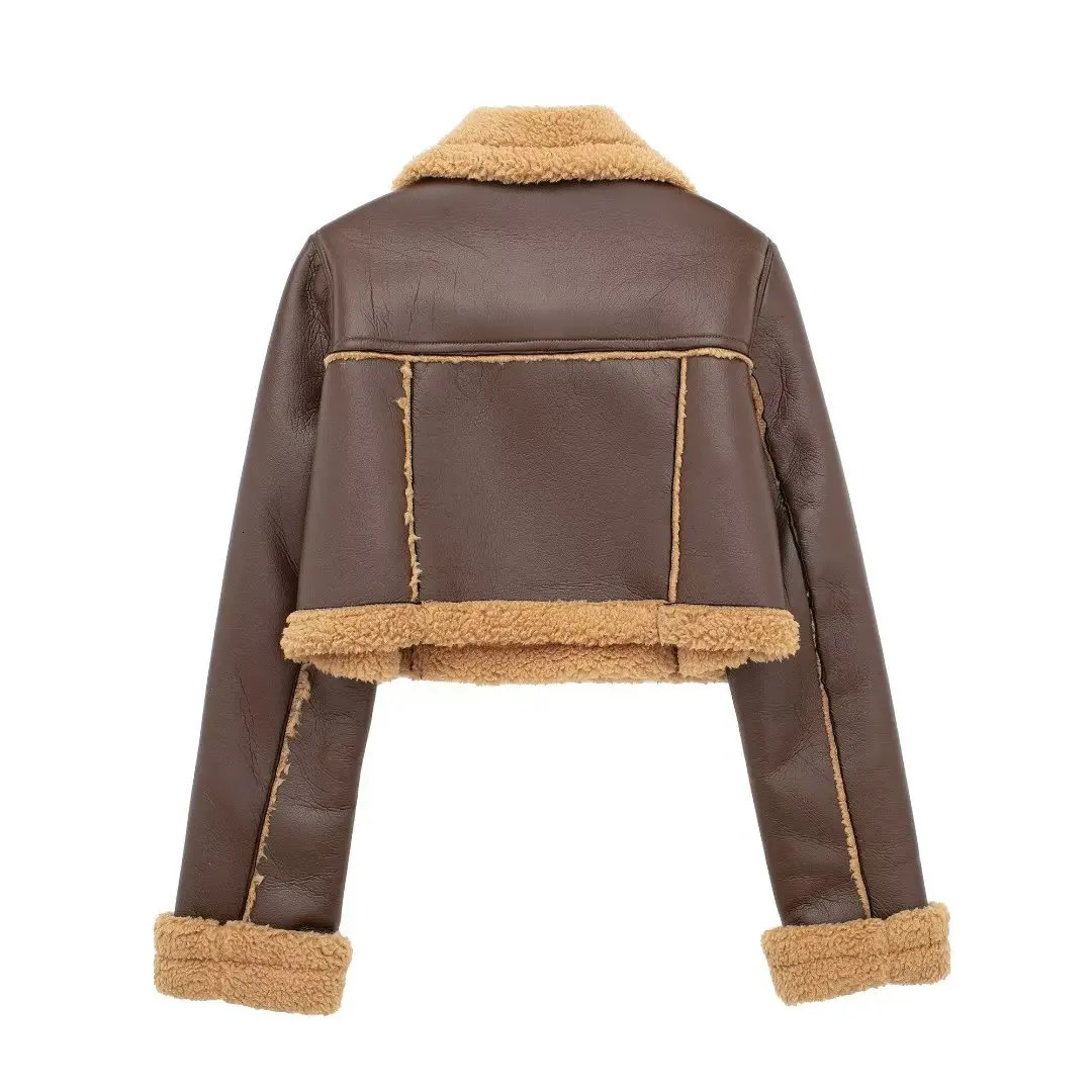 Autumn Winter Women Faux Lamb Leather Fur Short Jackets Lady Moto Biker Zipper Coats Thicken Warm Female Vintage Outerwear 241216
