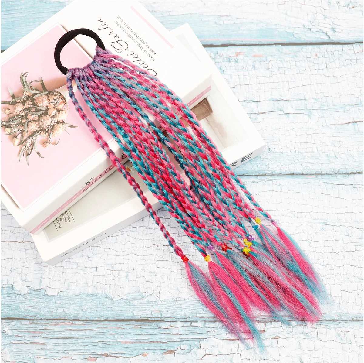 Girls Rubber Bands Hair Extension for s Colorful Braided Ponytail Rainbow Hair Accessories 14 Inch Synthetic HairpiecesXJ241221