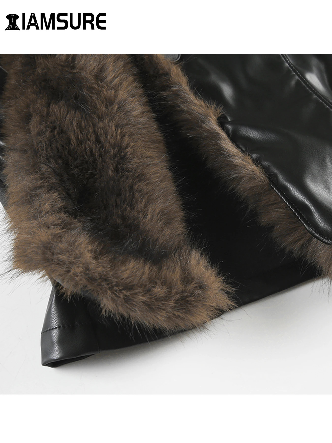 IAMSURE Casual Patchwork Fur Trim Pu Leather Jackets Slim TurnDown Collar Single Button Long Sleeve Coats Women Winter 241216