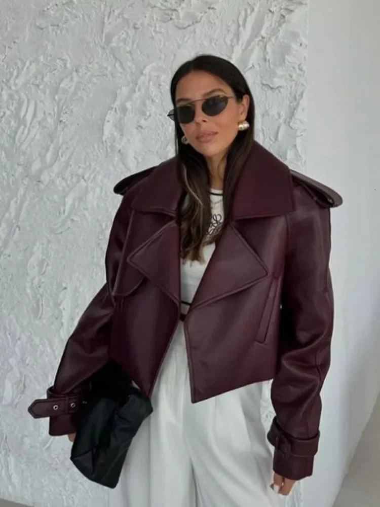 Vintage Solid Color Lapel Womens Pu Leather Jacket Loose Pockets Long Sleeve Coats Autumn Ladies Chic Office Street Outerwear 241216