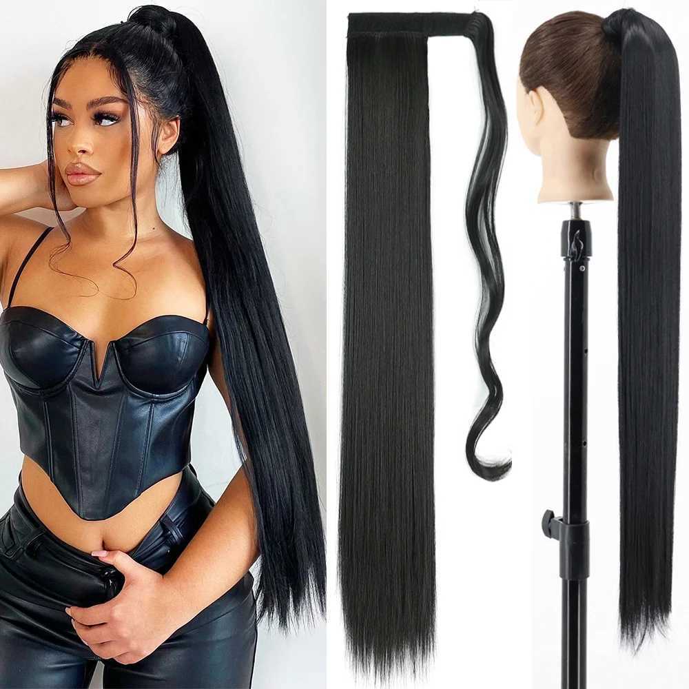Synthetic Ponytail Hair Extension Long Straight Clip In Natural Hairpiece Black Blonde Hairstyle 85cm Wrap Around Pony TailXJ241221