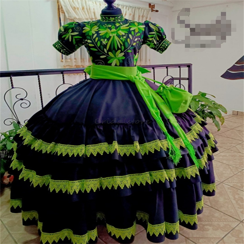 Black And Green Mexican Quinceanera Dresses Short Sleeve Charro Embroider Birthday Party Gown With Bow Vestidos De 15 Anos Xv Debutante Halloween Cosp