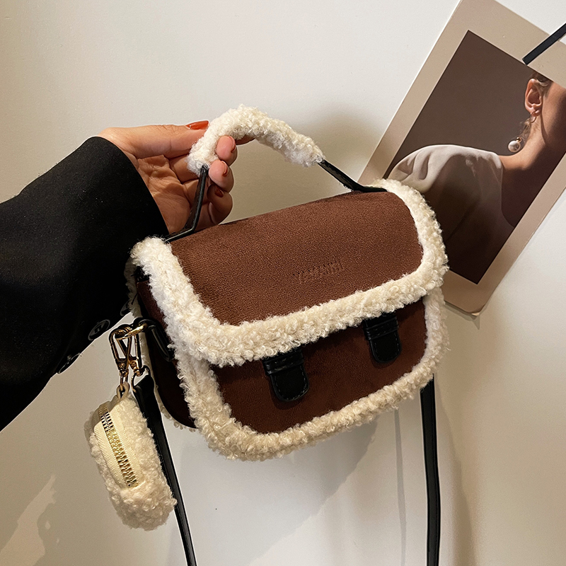 Winter New Women s Plush Small Square Color Comparison Designer Single Shoulder Crossbody Bag Brown Handbag bag