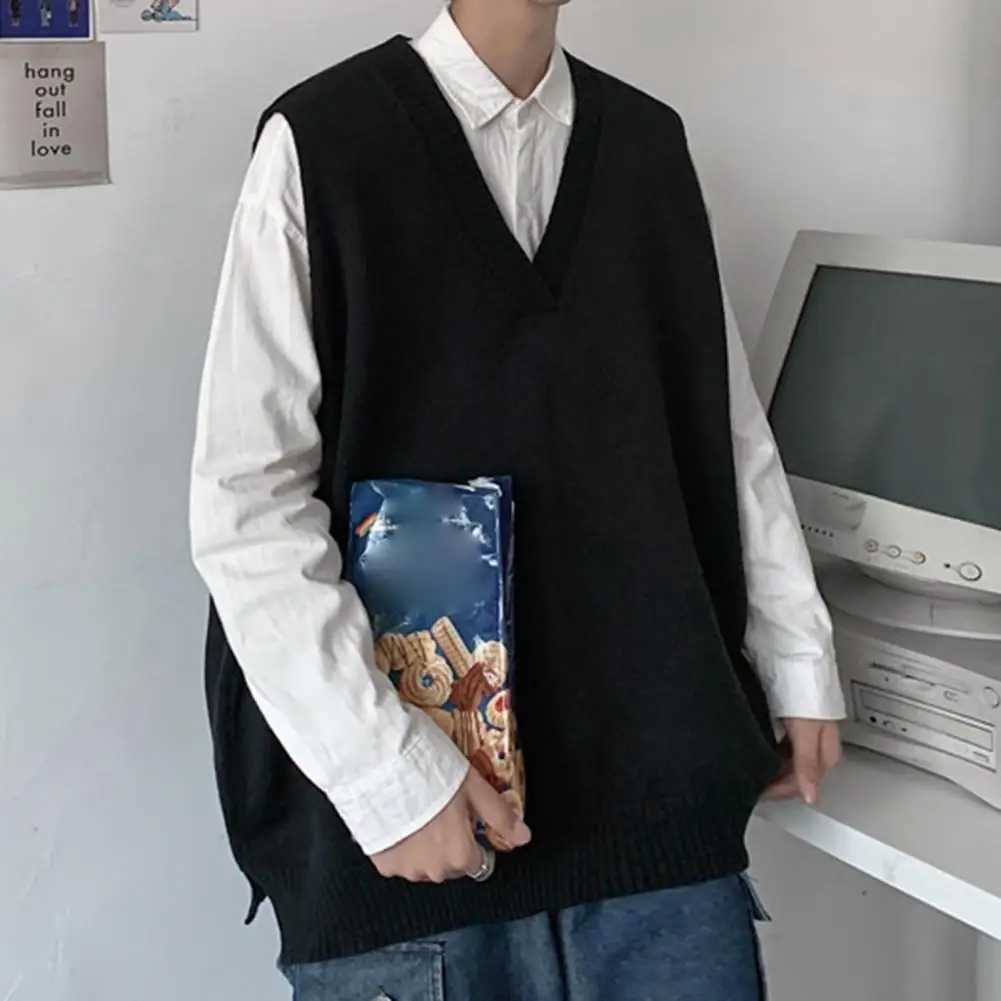 Knitting Trendy Oversized Winter Sweater Vest Preppy Style Men Autumn Sweater Sleeveless for Daily WearXJ241221