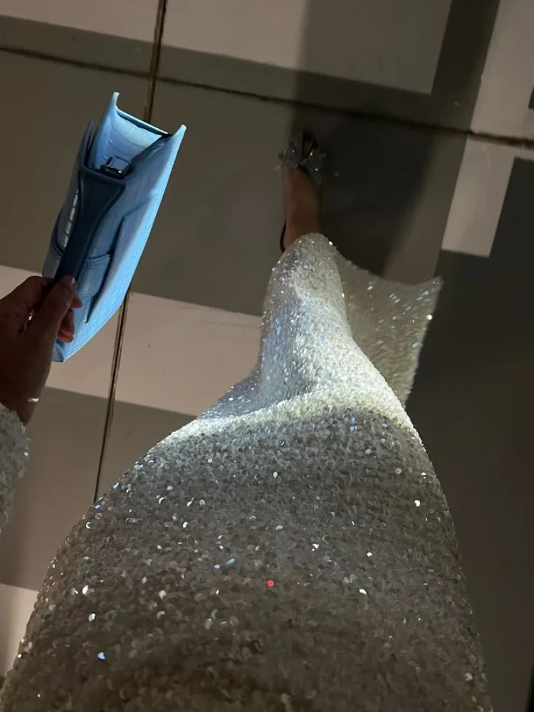 Elegant Sequined Solid Women Dresses Full Sleeve O Neck Lady Maxi Dress Fashion Sexy Party Evening Straight Female Vestidos 241216