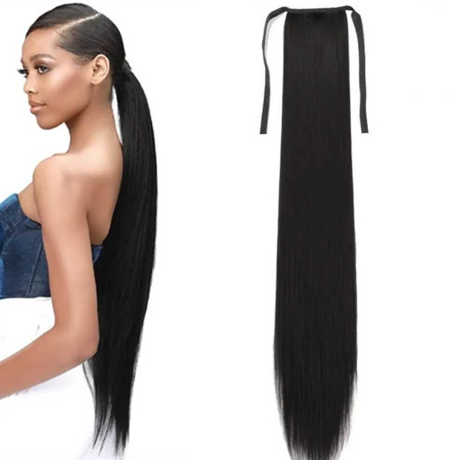 Synthetic Hair 2430 Long Straight Ponytail Wrap Around Ponytail Clip in Hair Extensions Black Hairpiece HeadwearXJ241221