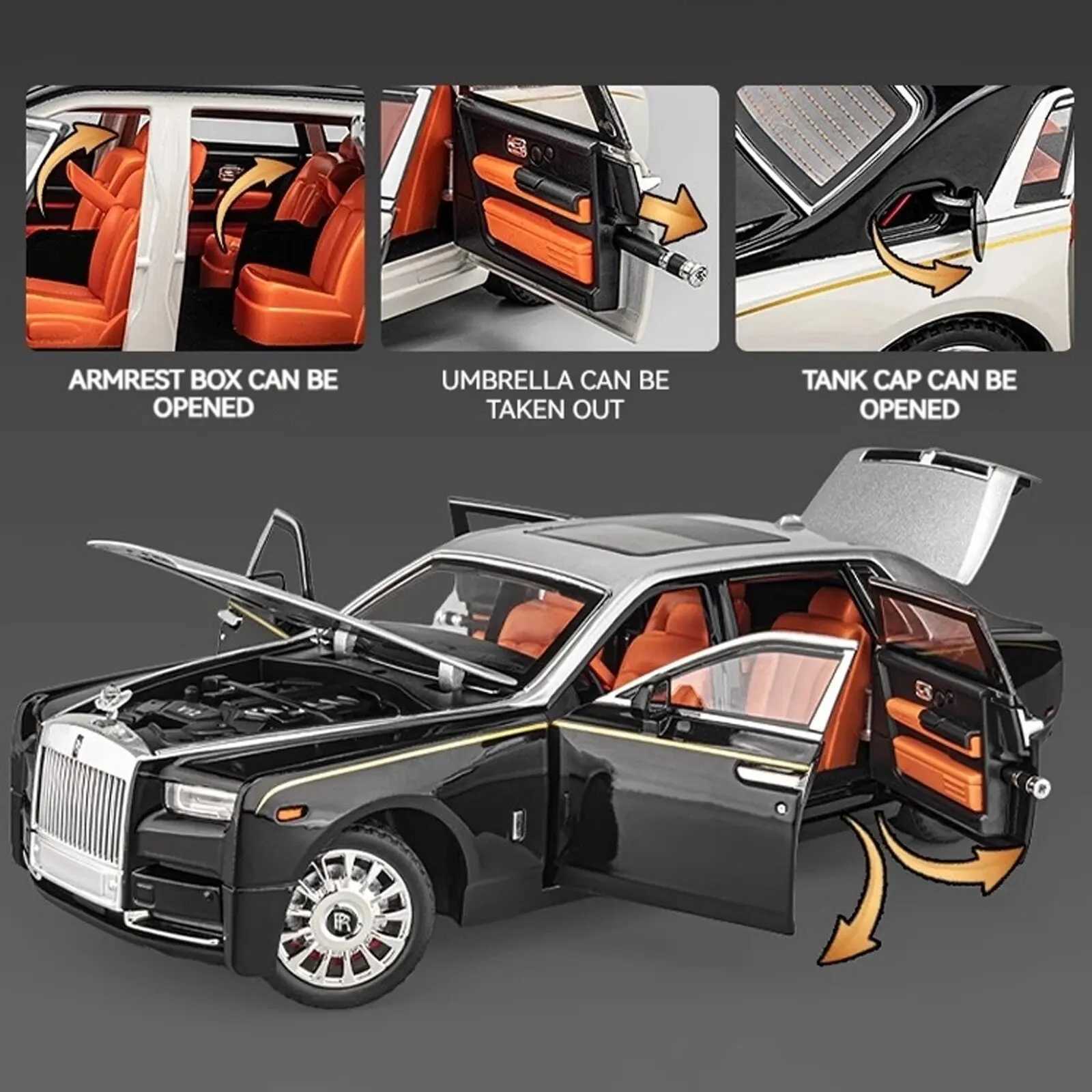 1 18 Rolls-Royce Phantom Model Car Zinc Alloy Pull Back Toy Diecast Car with Sound and Light Realistic Modeling Model ToyXJ241221