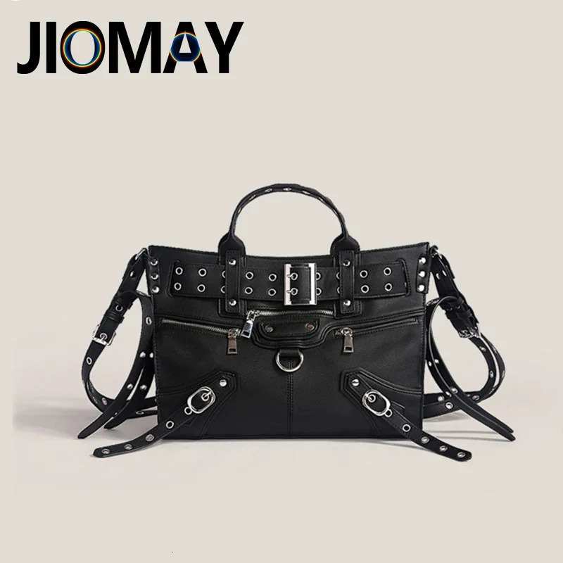 JIOMAY Women Black Goth Bag Fashion Woman Ladies Moto and Biker Style Shoulder Bag Rivet Belt Large Capacity Tote Bag 241217