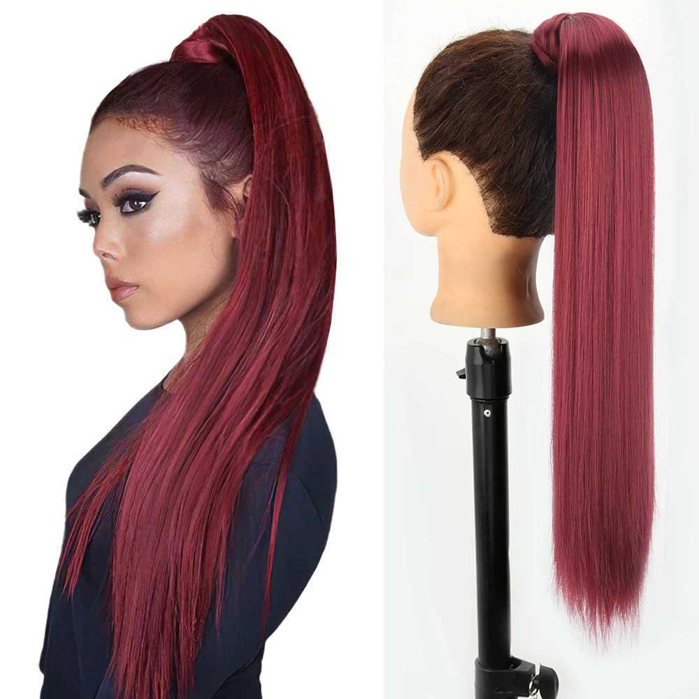 Synthetic Ponytail Hair Extension Natural Hairpiece Clip In Wrap Around Pony Heat Resistant Black Burgundy HairstyleXJ241221