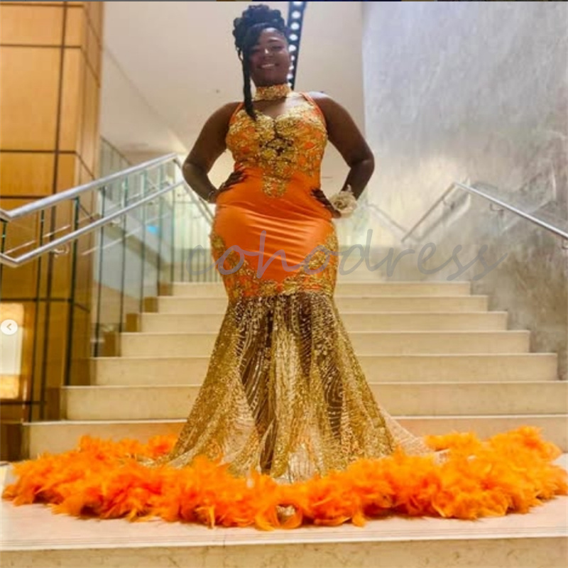 Luxury Orange Prom Dresses With Feather Sparkly Sequin Mermaid Evening Gowns Sleeveless African Black Women Party Vestidos De Fiesta 2025 Noche Plus S