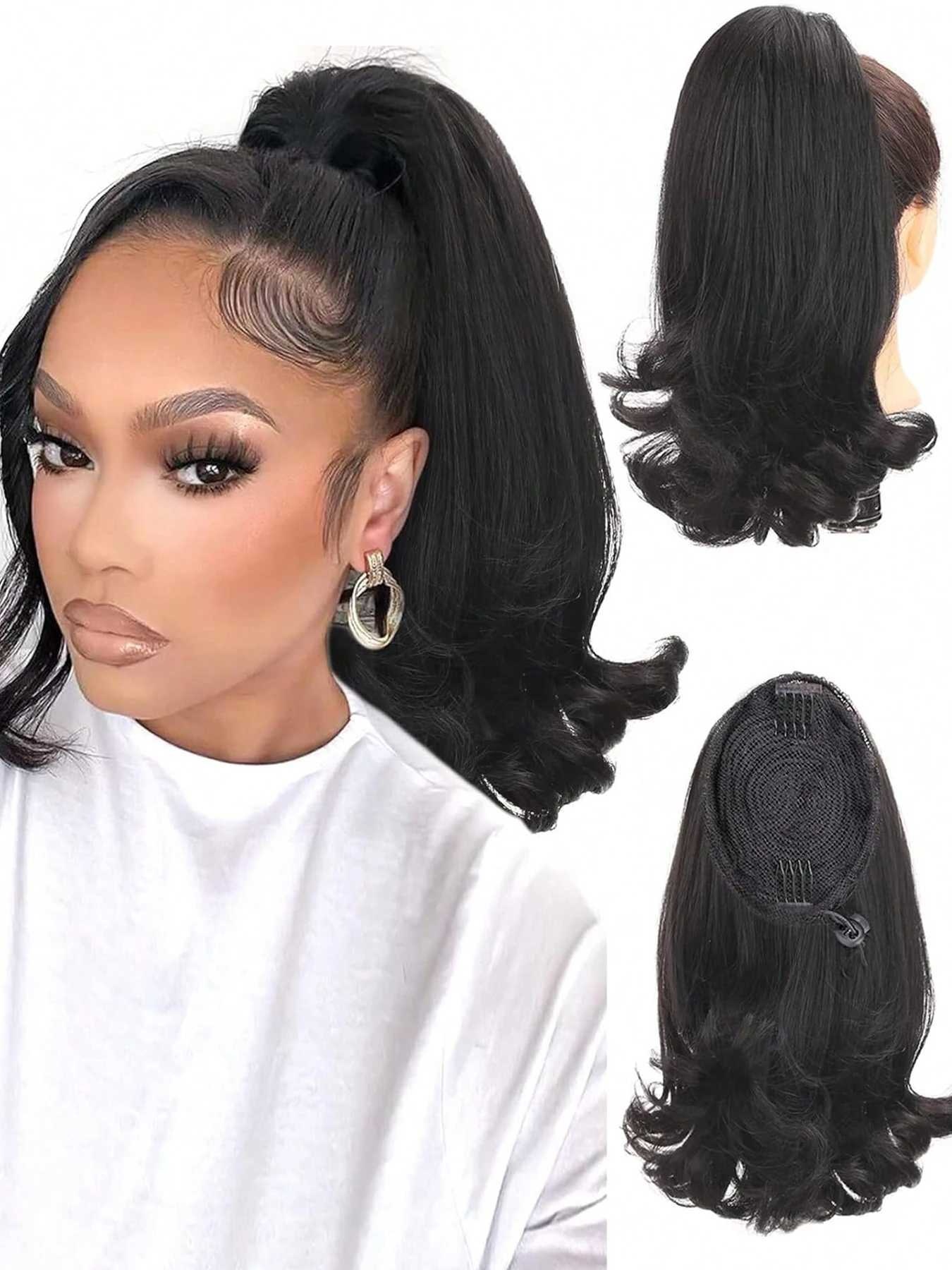 14 Inch Black Long Curly Ponytail Extension Natural Fluffy Drawstring Clip in Ponytail Hairpiece for Women Synthetic Hair BunXJ241221