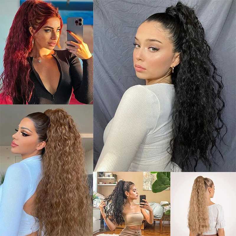 Long Curly Wavy Ponytail Hair Extension for Women Natural Synthetic Drawstring Ponytail Hairpieces Burgundy Blond Fake Pony TailXJ241221