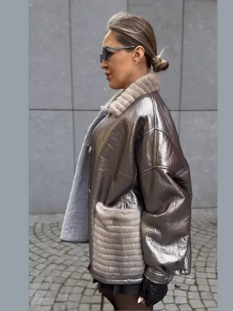 Silver Fur Leather Patchwork Lapel Coat Women Single Breasted Pockets Long Sleeve Jackets Chic Female Streetwear 241216