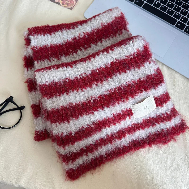 Korean Sle Striped Knitted Scarf Women Winter All-Match High-Grade Wool Warm Christmas and Year Gift 241220