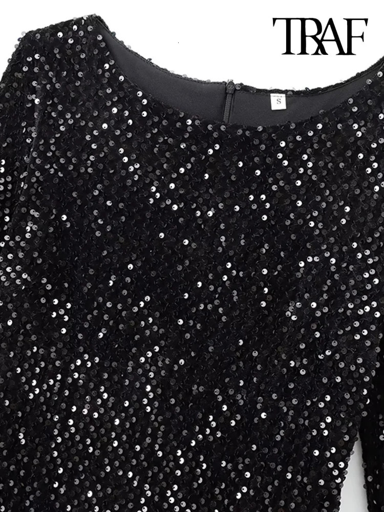 TRAF Women Fashion Matching Voluminous Hem Sequined Mini Dress O Neck Long Sleeve Female Dresses Vestidos Mujer 241216