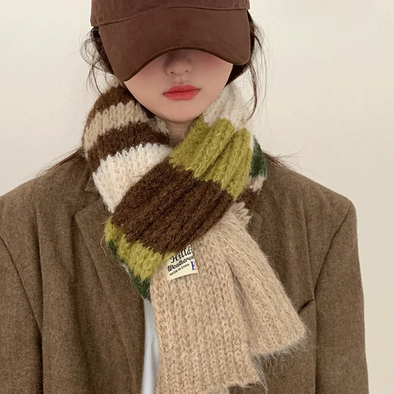 Scarf Man women Winter Warm Wool knitted Scarf Womens Fashion Colour Blocking Striped Thick Warm Scarf Shawl Wrap 241220