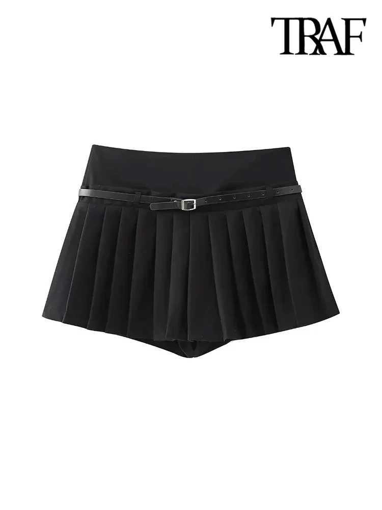 TR-Pleated Shorts Skirts for Women With Belt Side Zipper Mid Waist Fe Skort Chic FashionXJ241221