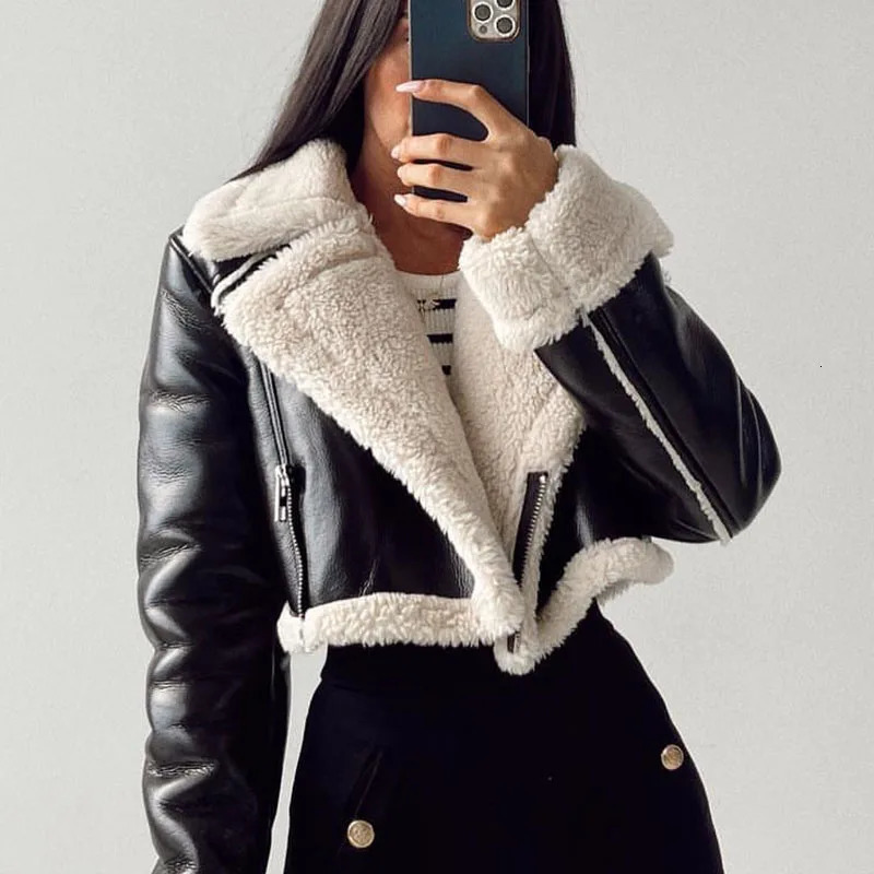 Autumn Winter Women Faux Lamb Leather Fur Short Jackets Lady Moto Biker Zipper Coats Thicken Warm Female Vintage Outerwear 241216