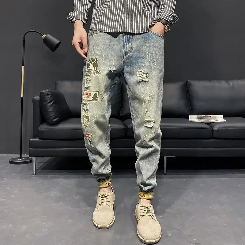 Male Cowboy Pants Torn Harem Ripped Jeans for Men Cargo Cropped Trousers with Holes Broken Classic Grunge Y2k Xs Regular Summer 241218
