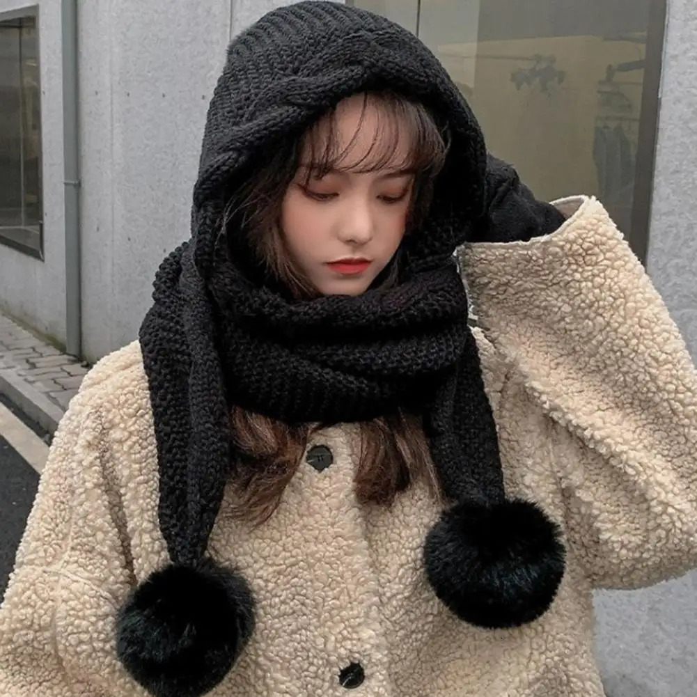 Twist Trim Knitted Scarf Hat Women Novelty Beanies Caps Plush Balls Decor Scarf Hat Casual Plush Hat Windproof Women Winter Caps 241214