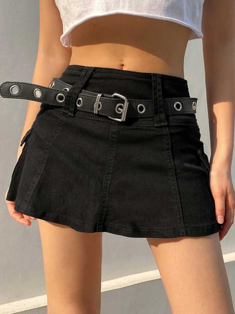 Sweetown White A Line Y2K Denim Shorts Skirts Womens Black Side Pocket Casual Cargo Jean Skirt Simple Preppy Tennis OutfitsXJ241221
