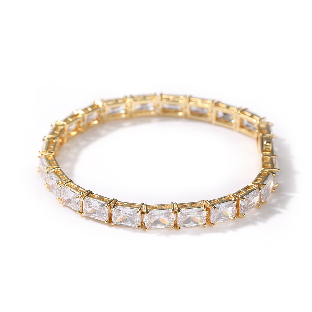 New In Hip Hop Bling Rectangular Cubic Zircon Bracelet Spring Buckle Trendy 16k Gold Square Cz Stones Tennis Bracelets Wolf Tide Full Gemstone Bijoux 