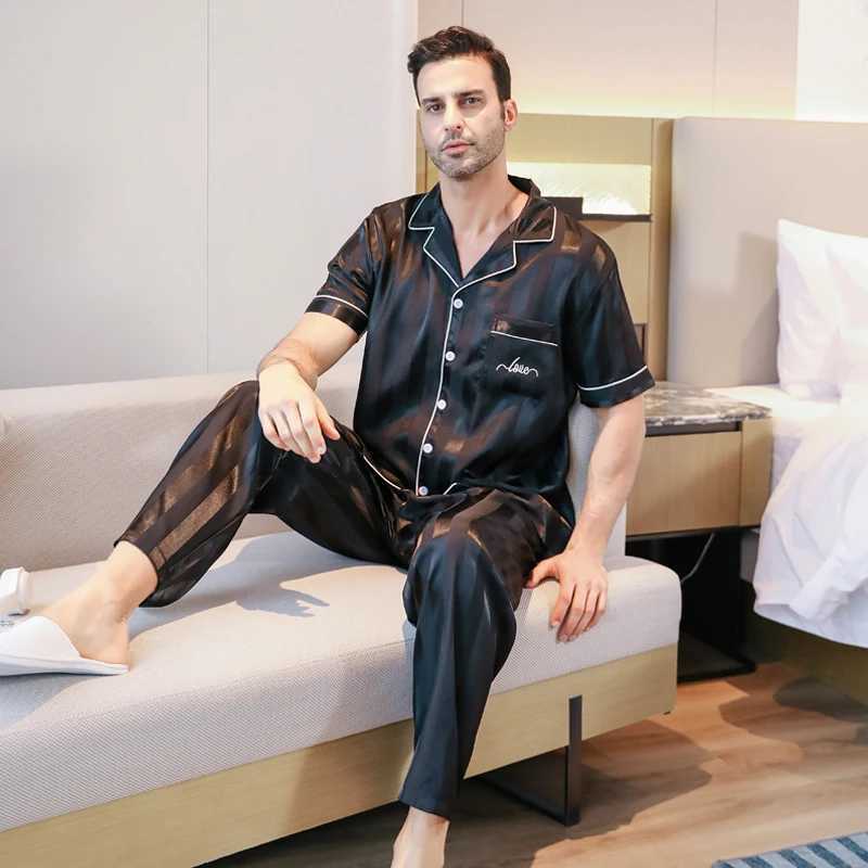 3-piece set of combination pajamas mens short sleeved pants ice silk summer stripes embroidered pajamas W241221