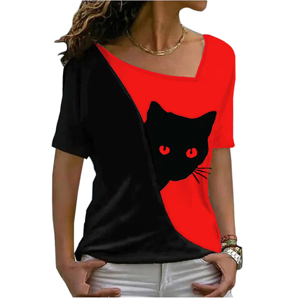 2025 summer women clothes blouse new style inclined collar black cat print short sleeve T-shirt women