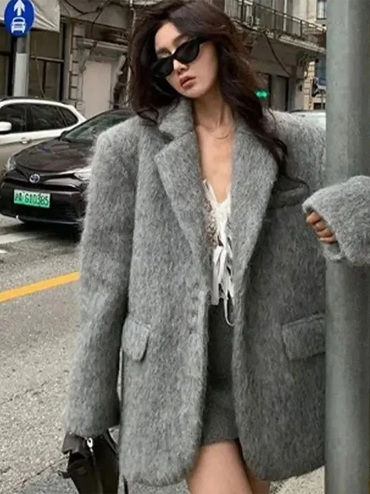 Retro Woolen Button Suit Coats Women Casual Loose Turndown Collar Gray Coat Lady Autumn Winter Classic Elegant Street Outwear 241216