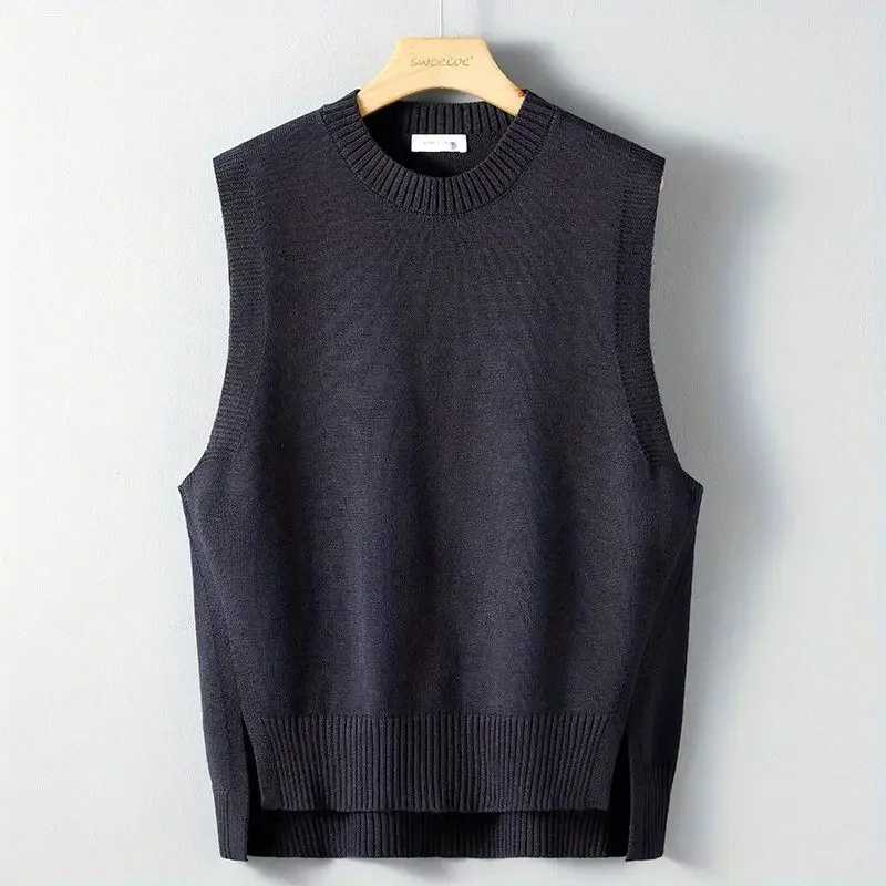 Sweater Man O-Neck Knit Vests for Men Slit Loose Solid Color Waistcoat Clothing Deals 2024 Korean Reviews Clothes High QualityXJ241221