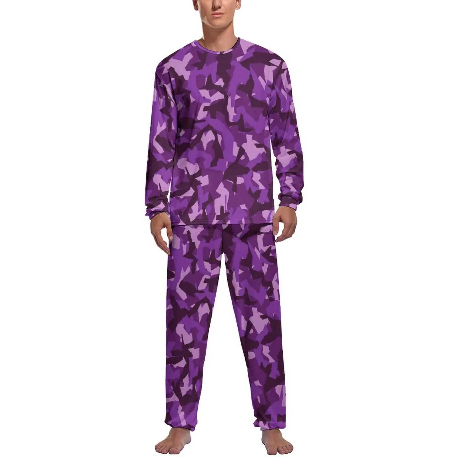 Military camouflage pajamas purple camouflage mens long sleeved soft sleepwear set 2-piece home autumn graphic sleepwear birthday gift W241221