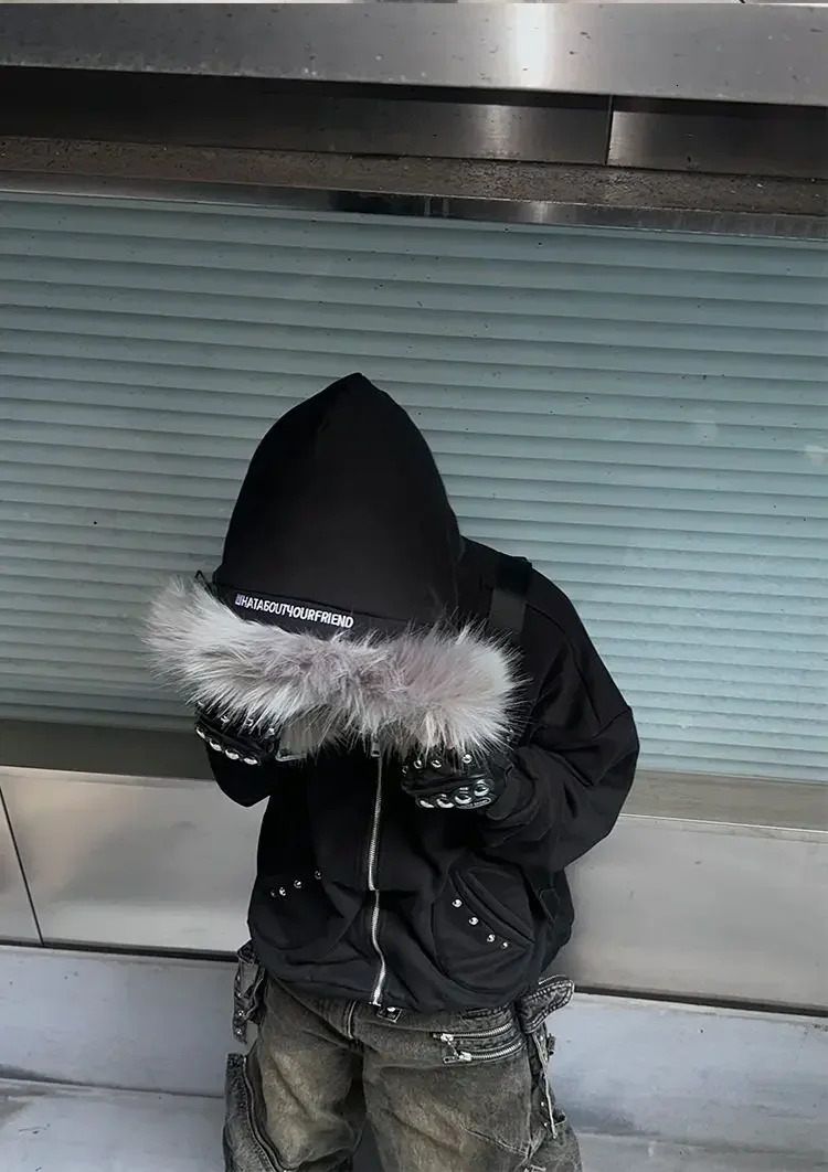Street Fur Collar Black Zipper Hoodie Loose Casual Sweatshirt Coat Haruku Vintage Thickened Windproof Jacket Men And Women
