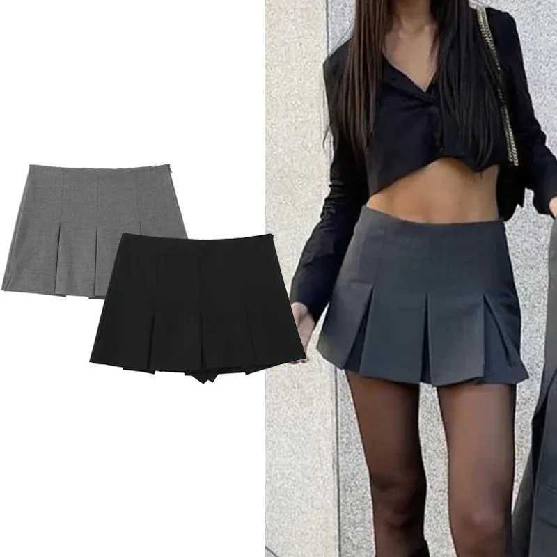 TR 2024 Womens Skirt Pants Pleated Gray Mini Skirt Shorts High Waist Summer Black Skort For Women Casual A Line Skirt PantsXJ241221