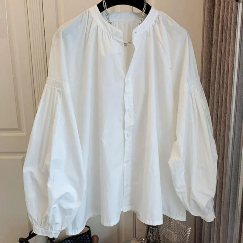 Oversized Vintage Blouses Puff Sleeve Solid Color Button Cardigan Shirts Spring Casual Loose French Elegant All Match Women Tops 241218