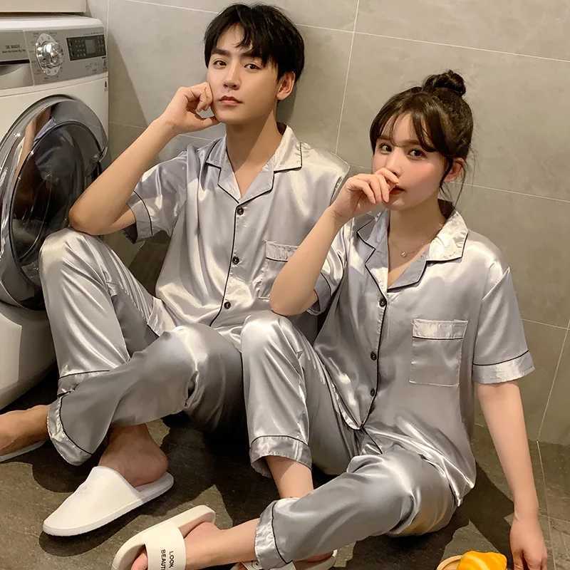 Spring Silk satin sleepwear couple set summer short sleeved button down sleepwear womens solid color casual wear plus size Pj set W241221
