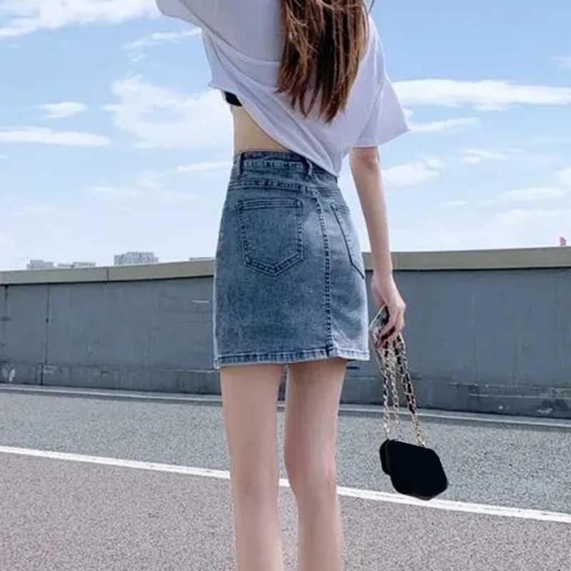 Korean High Wiast Denim Mini Skirt Women Sexy Hot Girl Tight Bag Hip Skirts Fe Slim Anti-Glare Short Split Skirts JK Y2KXJ241221