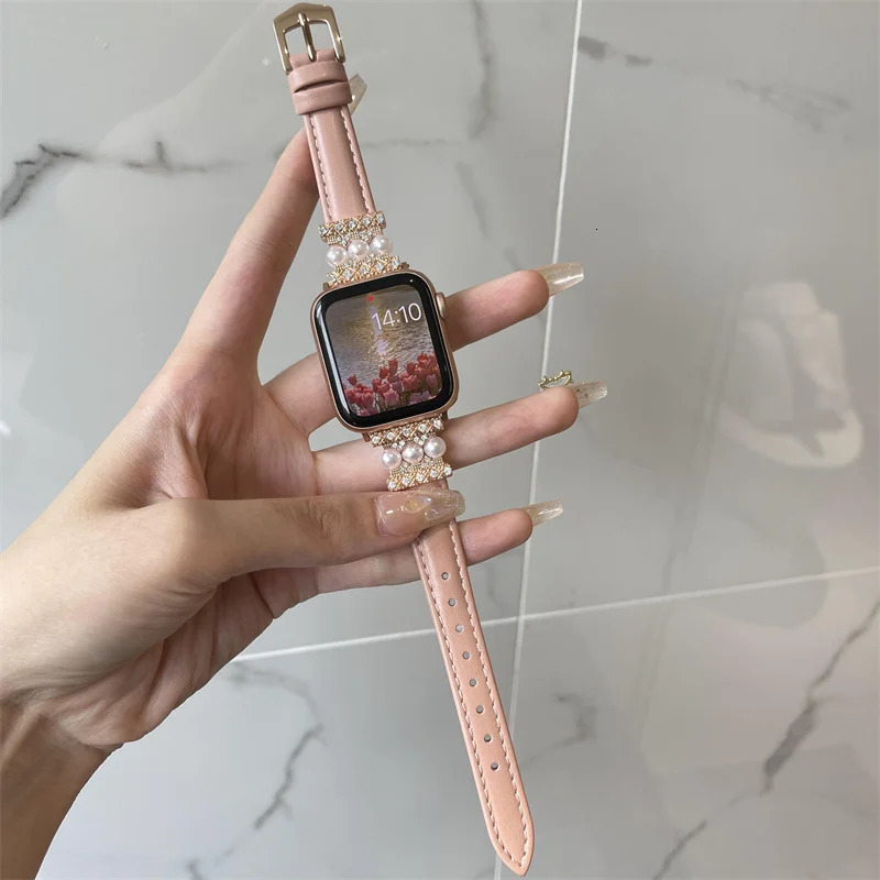 Leather Bracelet For iWatch Series 41 45mm 38 42 44mm 40 Pearl Decorate Women Wrist Strap For Watch 8 7 6 5 4 3 SE 241220