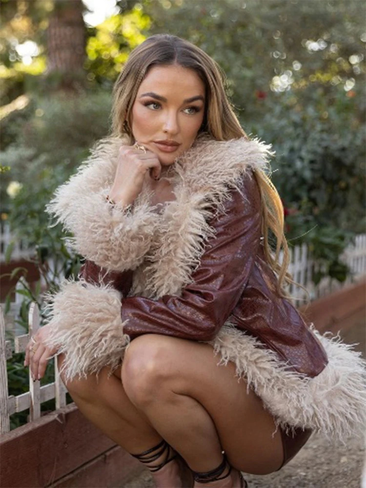Fashion Brown Faux Fur Patchwork Leather Glossy Coat Female Chic Long Sleeves Thick Warm Jacket Winter High Street Outwear 241216
