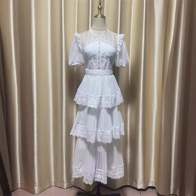 X175 Summer round neck pleated lace mesh cake skirt dress