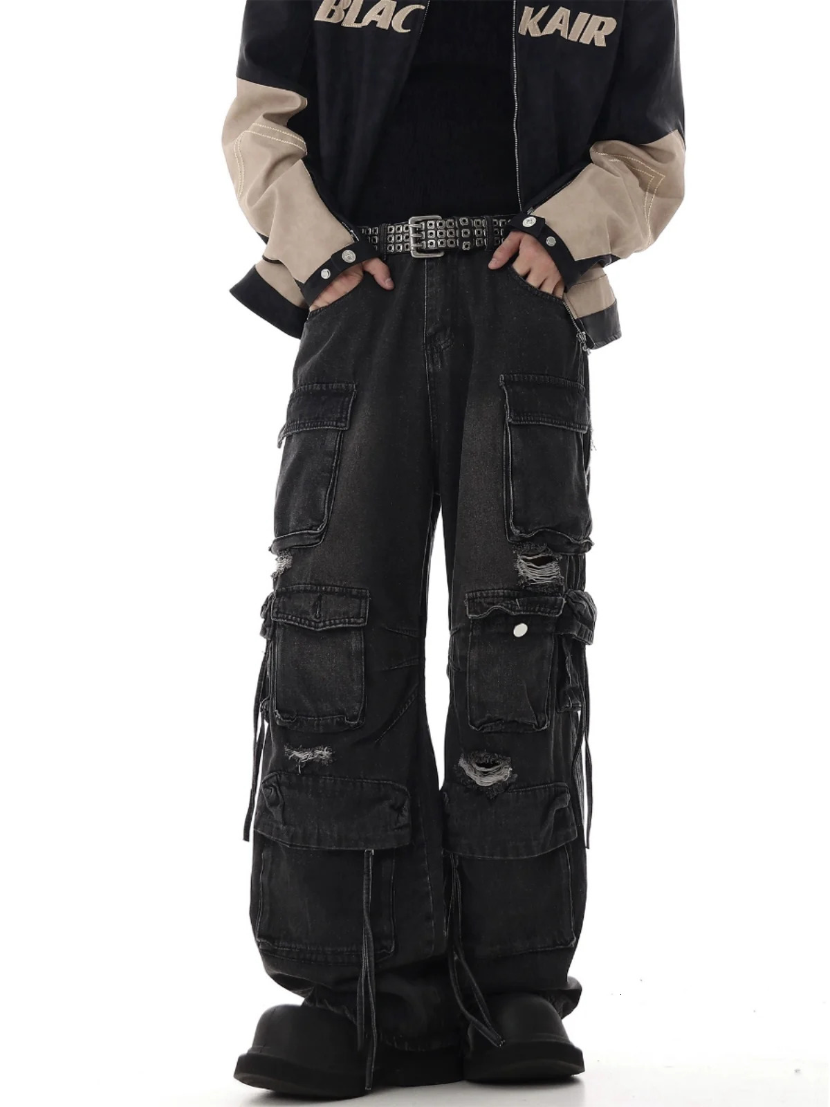 Multi Pocket Cargo Jeans Hip Hop Streetwear Pants for Men Distressed Ripped Baggy Drop 241218