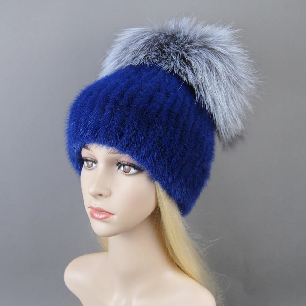 Women Winter Mink Fur Hats Knitted Real Mink Silver Fox Fur Caps Female Russian Winter Warm Real Fur Beanies Hat 241214