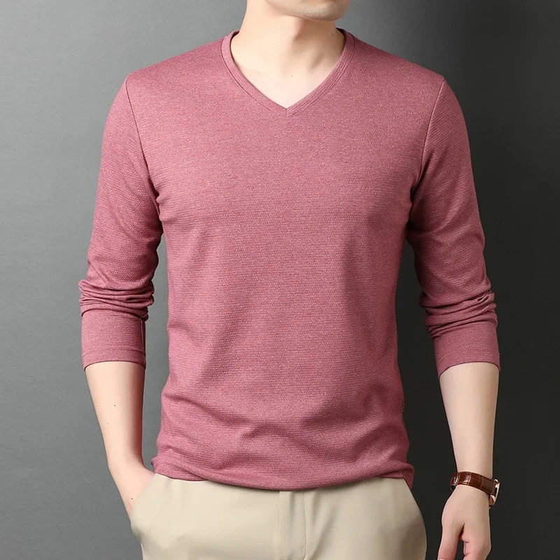 Boreathiman Top Quality Fashion Solid Color Plain Tees V Neck Long Sleeve t Shirt Men Cotton Casual Clothes 241217