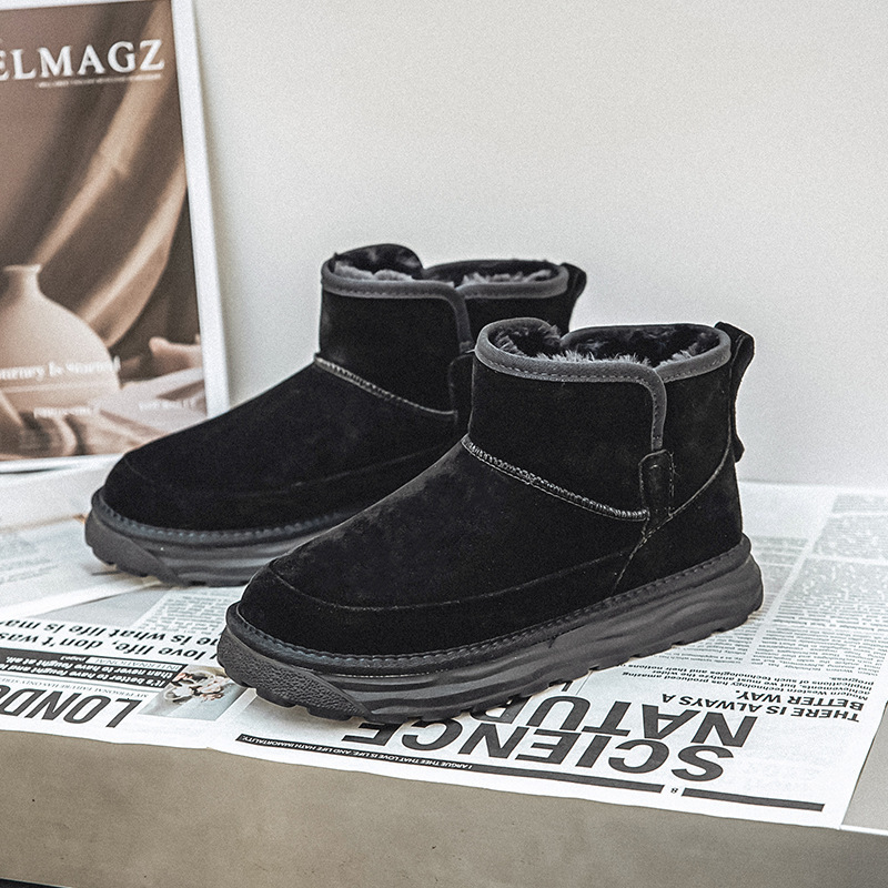 designer boot Men's New Snow Boots With No Lace Up Cover, Fur And Leather Integrated, Winter Plush Warm Cotton Boots, Thickened Mid Top For Casua